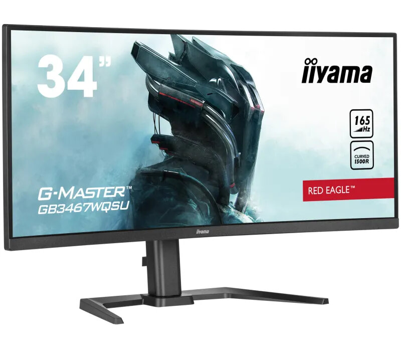 Zakrzywiony monitor z mężczyzną pośrodku. Monitor jest czarny, z czarną podstawą.