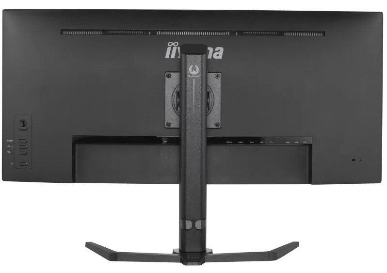 Tył czarnego monitora z podstawką, portami i przyciskiem zasilania, pokazujący prosty design.