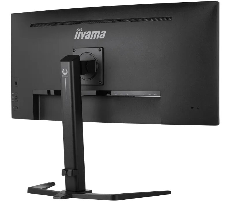 Tył czarnego monitora komputerowego. Marka Iiyama. Stojak jest czarny i regulowany.