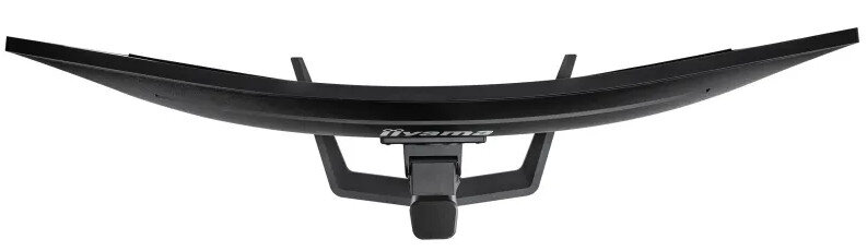 Zakrzywiona czarna podstawa monitora, widok z góry, z logo iiyama.