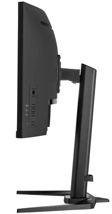 Czarny monitor komputera, widok z boku, z widocznymi portami i podstawą, na białym tle.