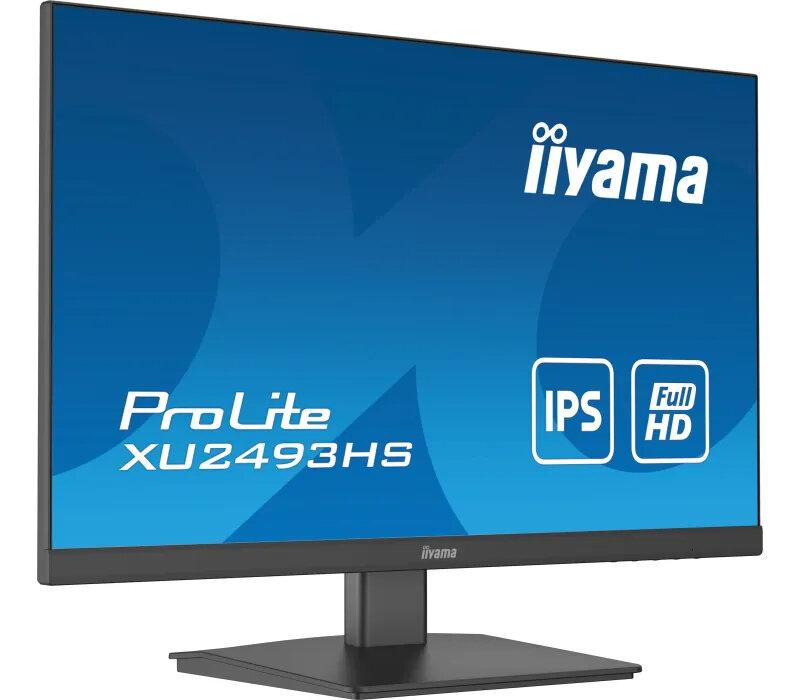 Monitor komputerowy z tekstem 'ProLite XU2493HS' i marką iiyama. Wyświetla logo IPS i FHD.