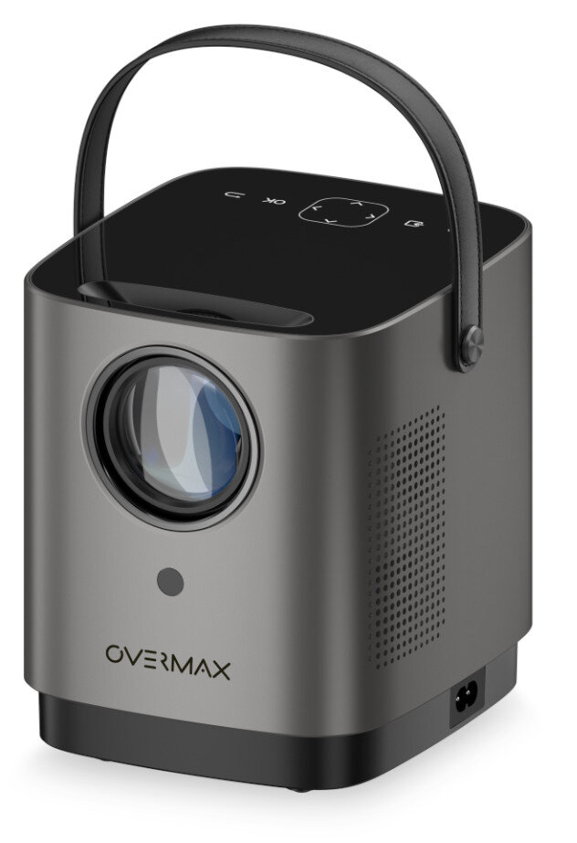 Szary przenośny projektor z obiektywem, uchwytem i przyciskami na górze.