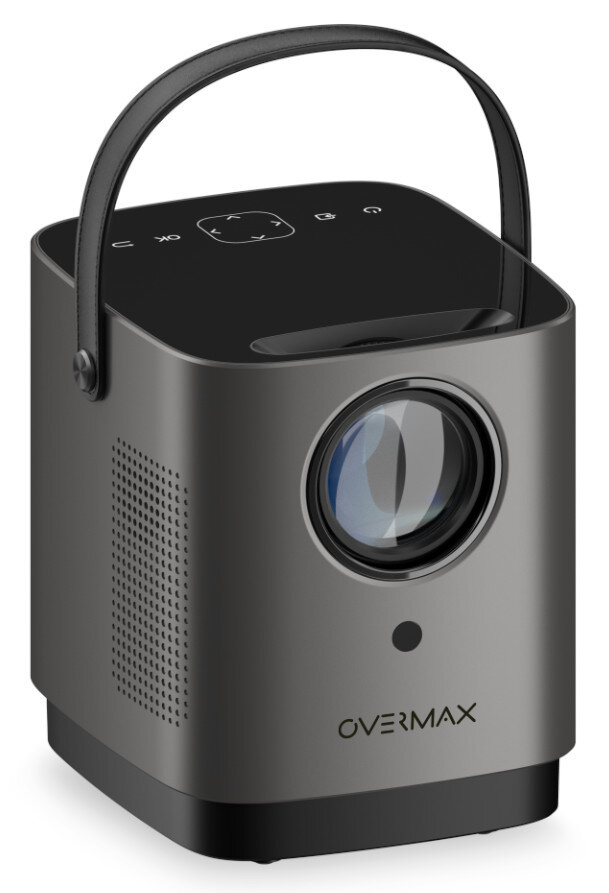 Szary przenośny projektor z uchwytem, obiektywem i przyciskami sterowania. Widoczna nazwa marki OVERMAX.