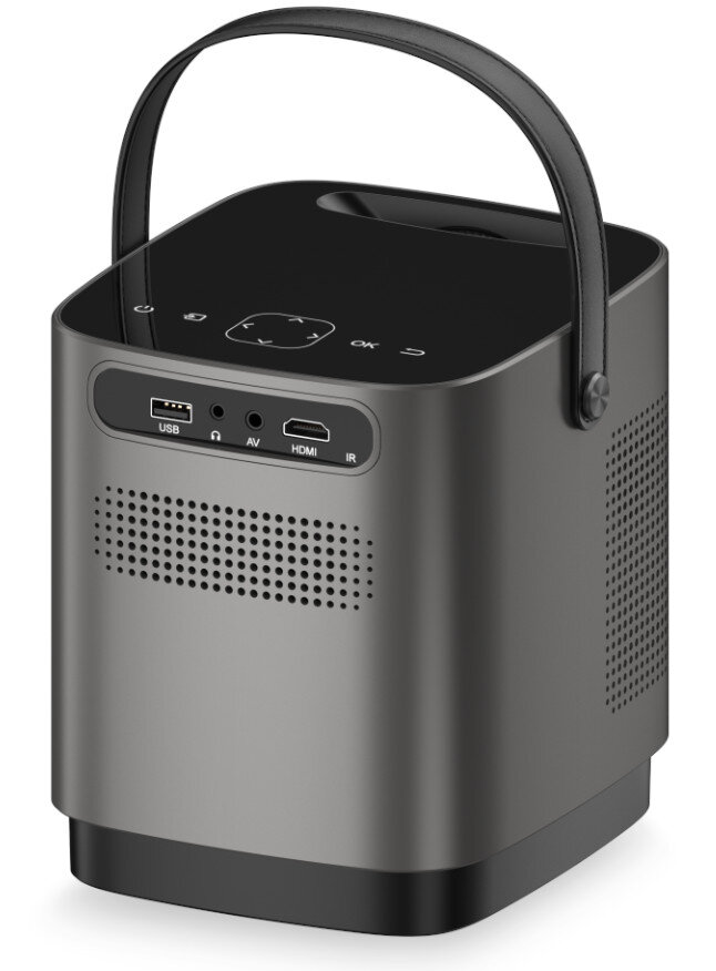 Szary projektor z uchwytem, z portami: USB, HDMI i AV.