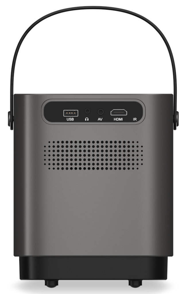 Czarny i szary przenośny projektor z uchwytem i portami z tyłu, na białym tle.