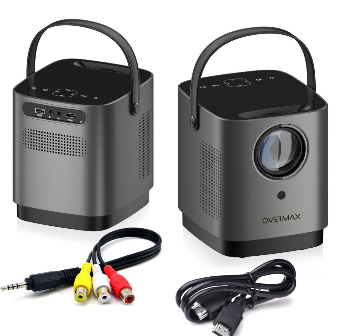 Dwa szare przenośne projektory z akcesoriami, w tym kablami, na białym tle.