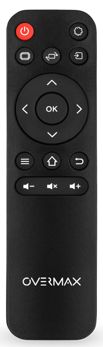 Czarny pilot z wieloma przyciskami, w tym przyciskiem zasilania i klawiszami kierunkowymi.