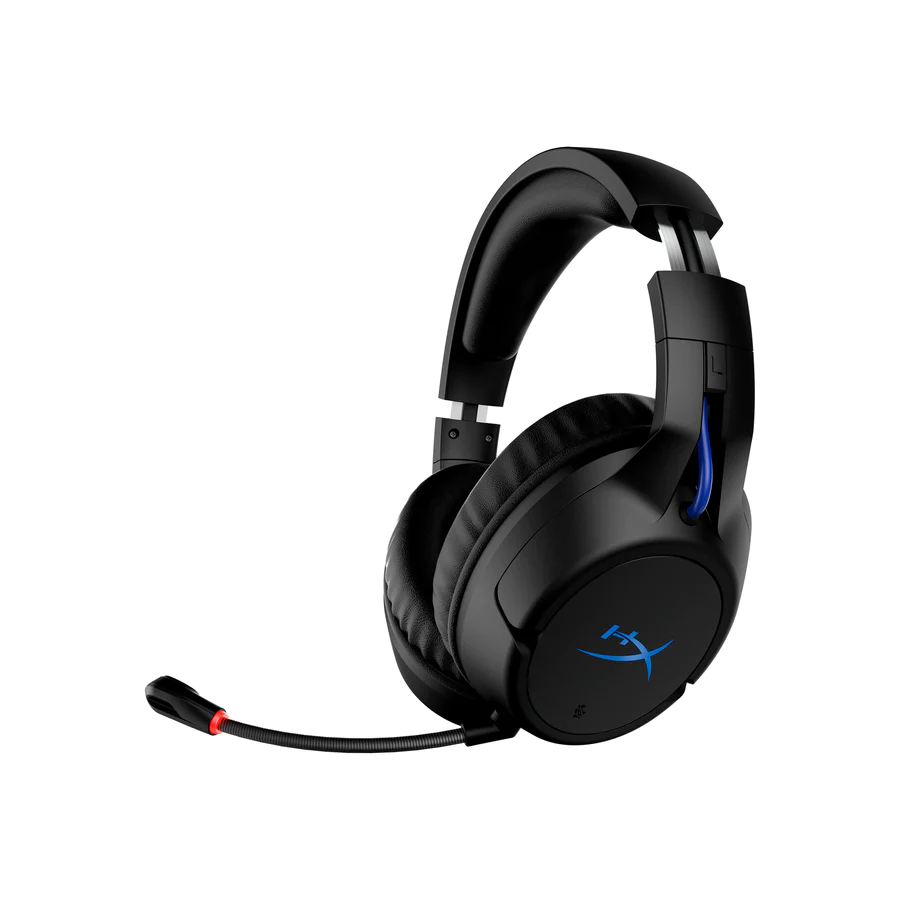 Auriculares negros con logotipo azul y micrófono sobre fondo blanco.