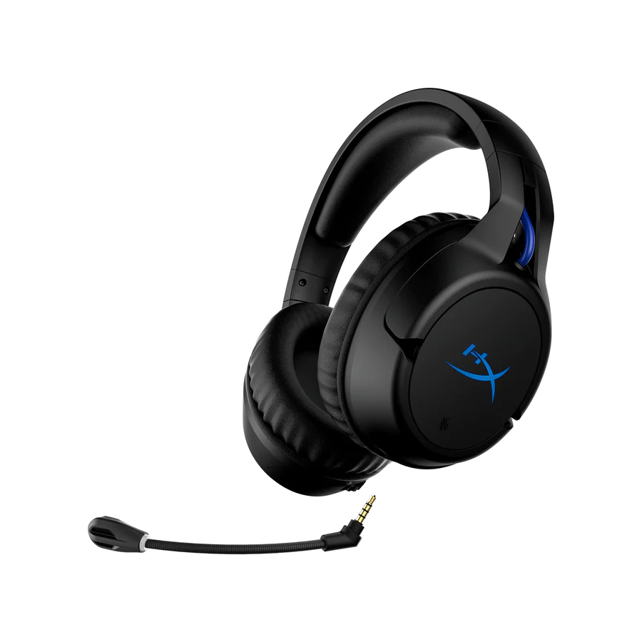 Auriculares inalámbricos para juegos negros con micrófono desmontable y detalles azules.