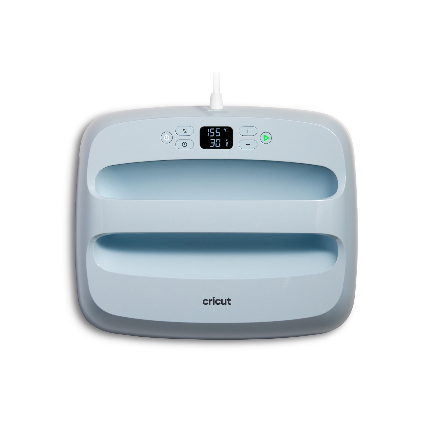 Een lichtblauwe Cricut EasyPress machine met een digitaal display en bedieningsknoppen.