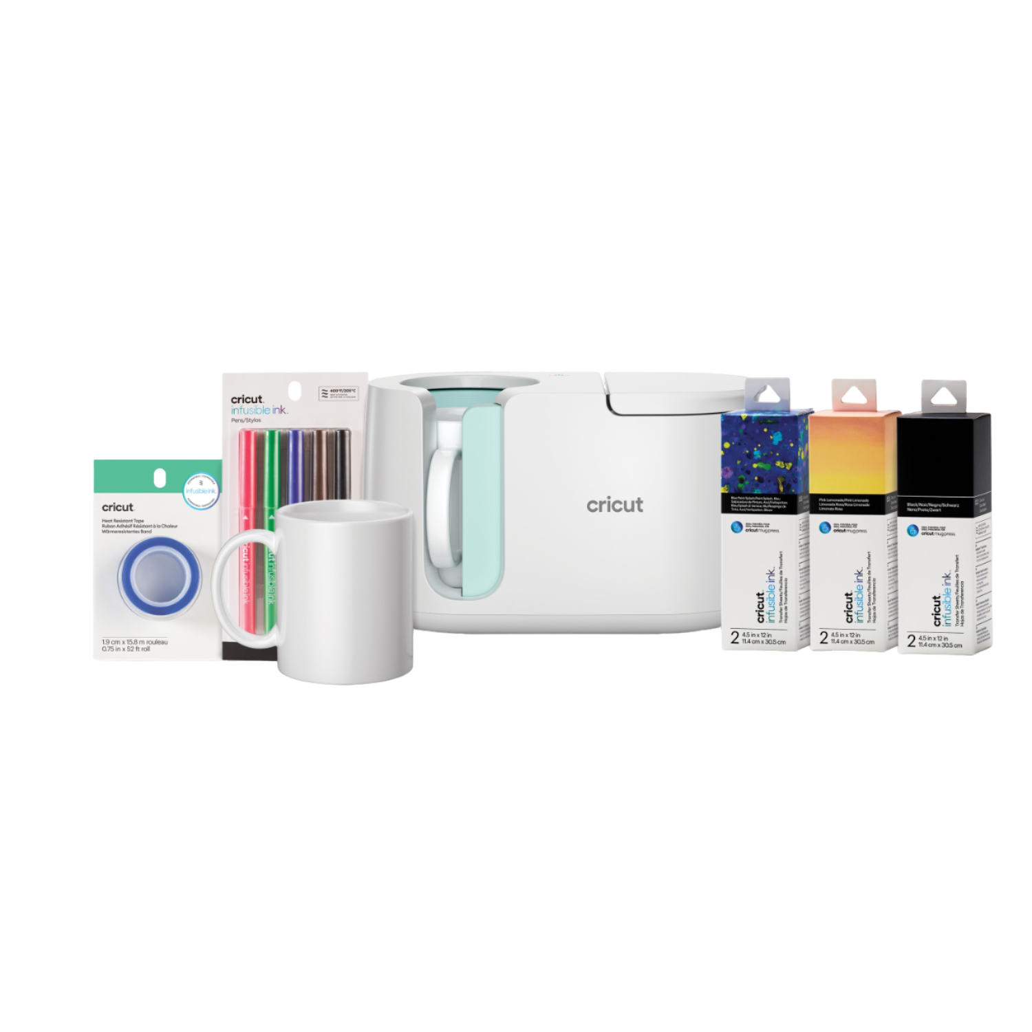 Cricut mokkenpers met accessoires. Inclusief mokken, pennen en inktboxen. Witte achtergrond.