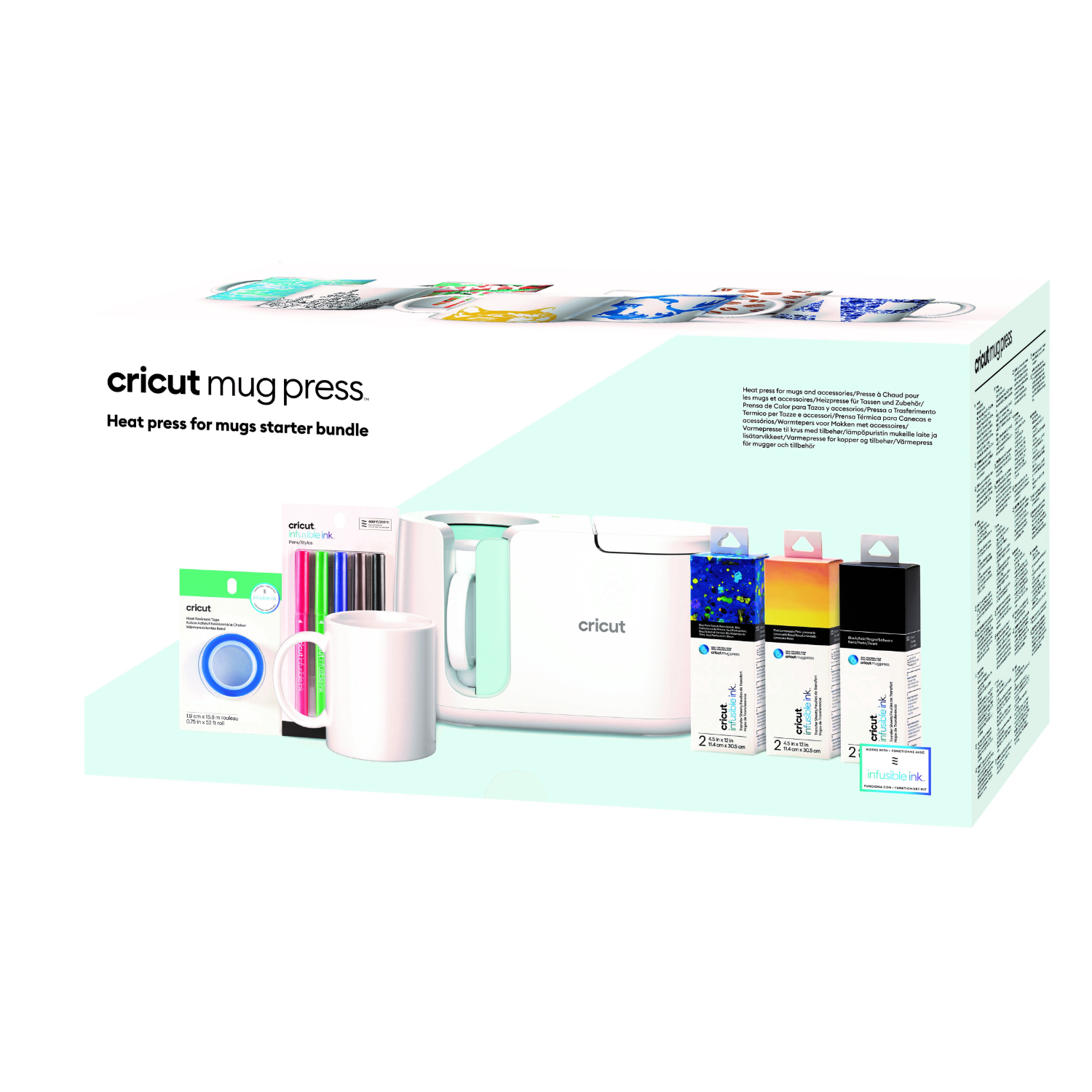 Cricut mokpers starterpakket. Inclusief hittepers, mok en accessoires in een doos op een witte achtergrond.