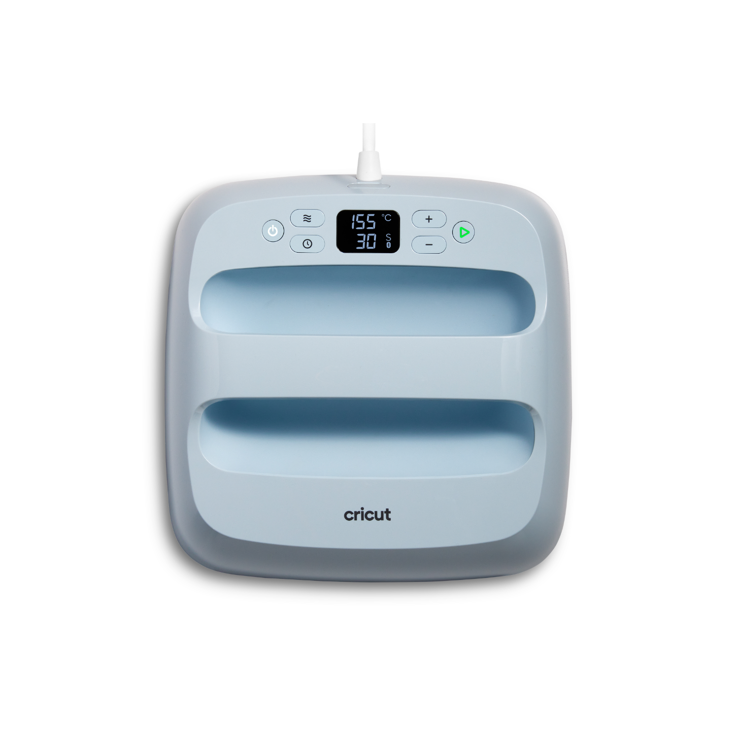 Blue Cricut EasyPress. Digital display shows temperature and time. White background.