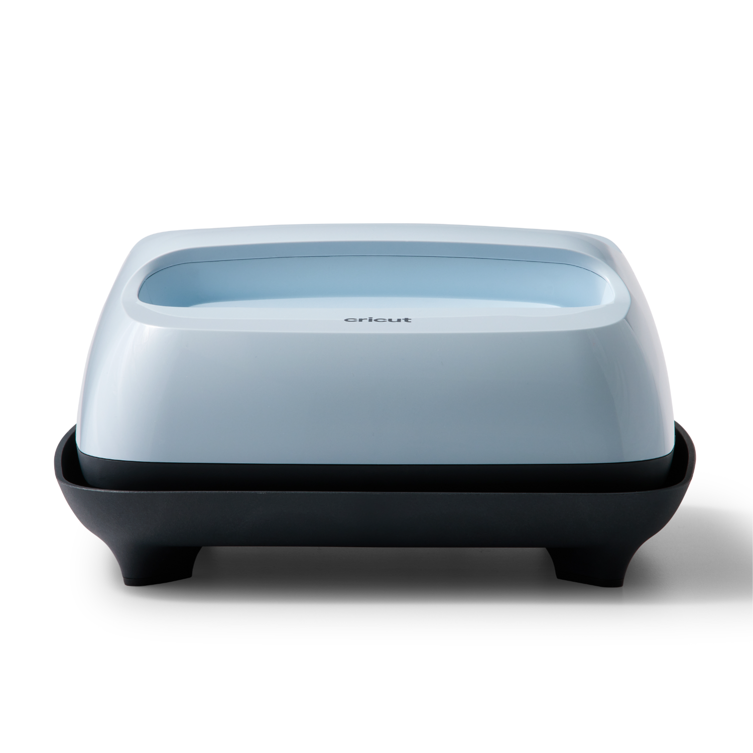 Light blue Cricut heat press machine on a black base, square shape.