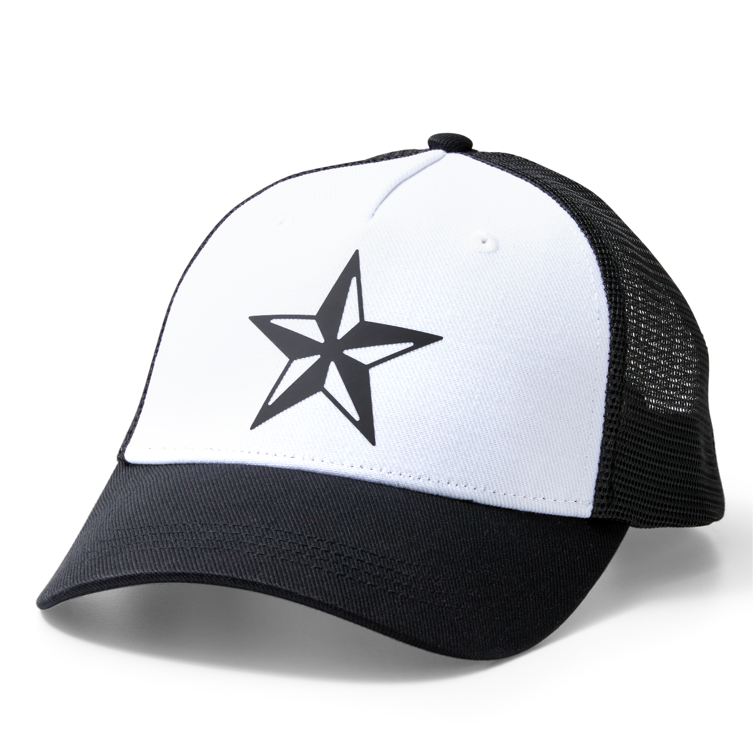 A white and black baseball cap with a black star on the front, set against a white background.