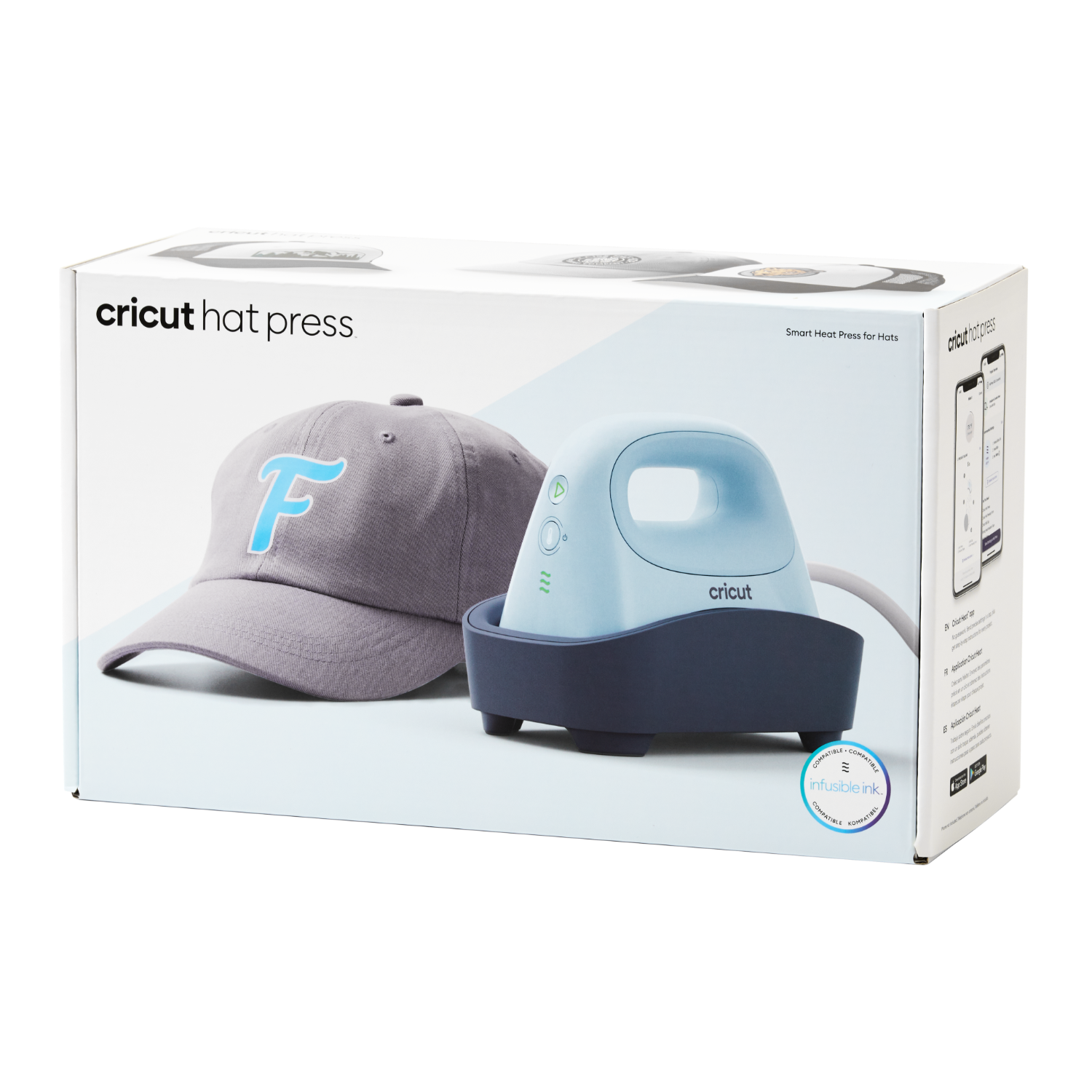 Box for a Cricut hat press with a hat, the press, and a phone showing an app.