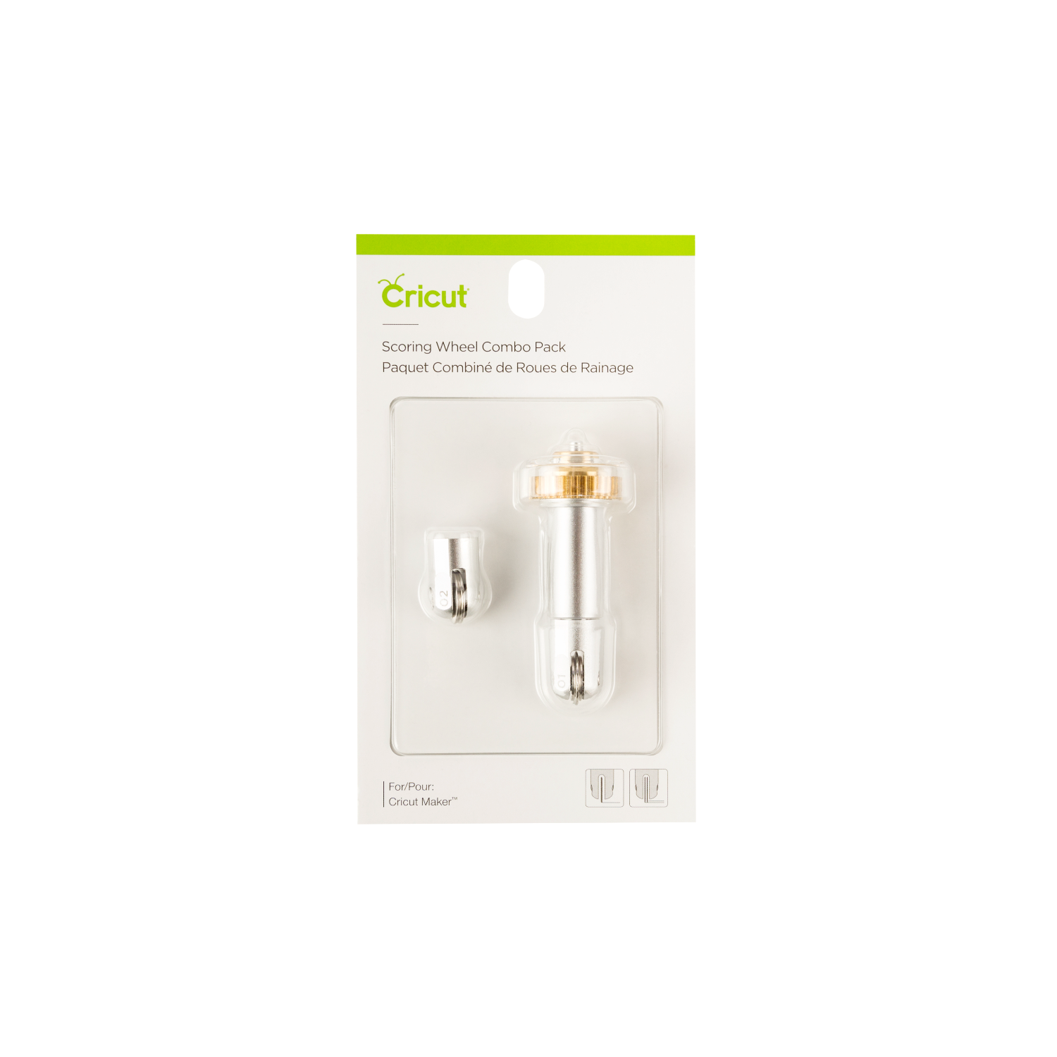 A clear plastic package contains a silver and gold crafting tool and a small silver attachment.