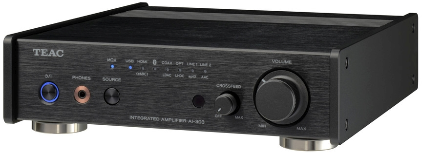 Schwarzer TEAC AI-303-Vollverstärker mit Knöpfen und Lautstärkeregler.