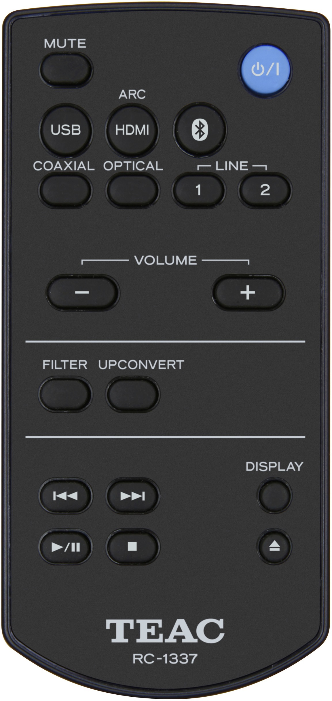 Eine schwarze TEAC-Fernbedienung mit mehreren Tasten für verschiedene Funktionen.