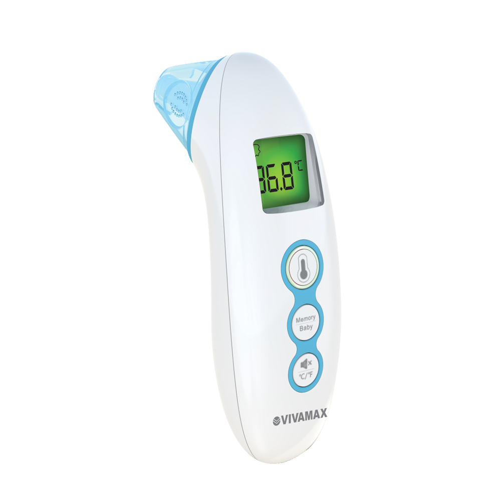 Digitális füles hőmérő, 36,8 Celsius fokot mutat.