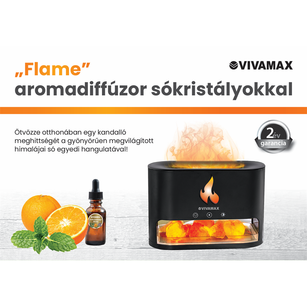 Fekete aromadiffúzor narancssal, mentával és illóolajjal. Magyar nyelvű szöveg. Fehér háttér.