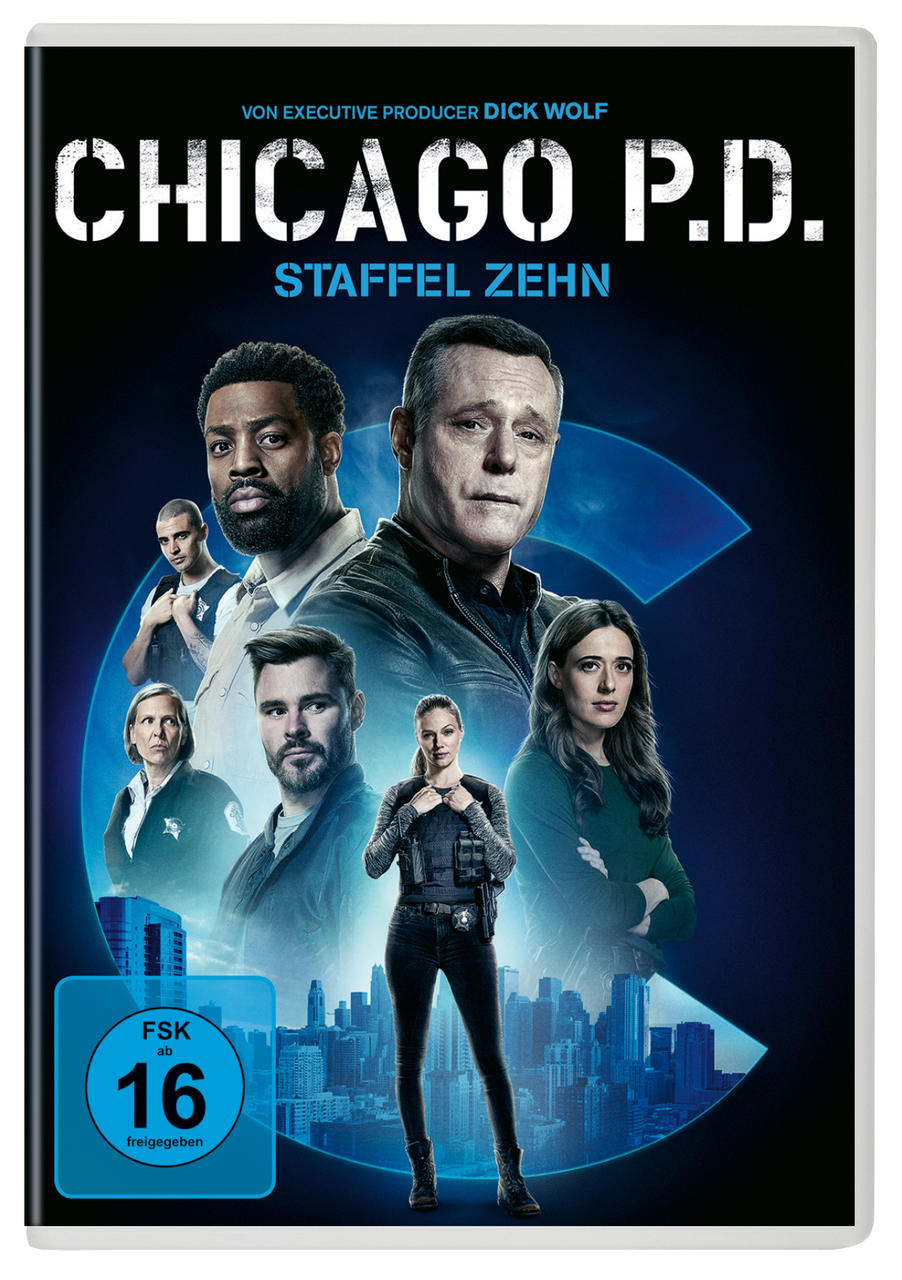 DVD-Cover für Chicago P.D. Staffel 10, mit Bildern der Darsteller vor blauem Hintergrund.
