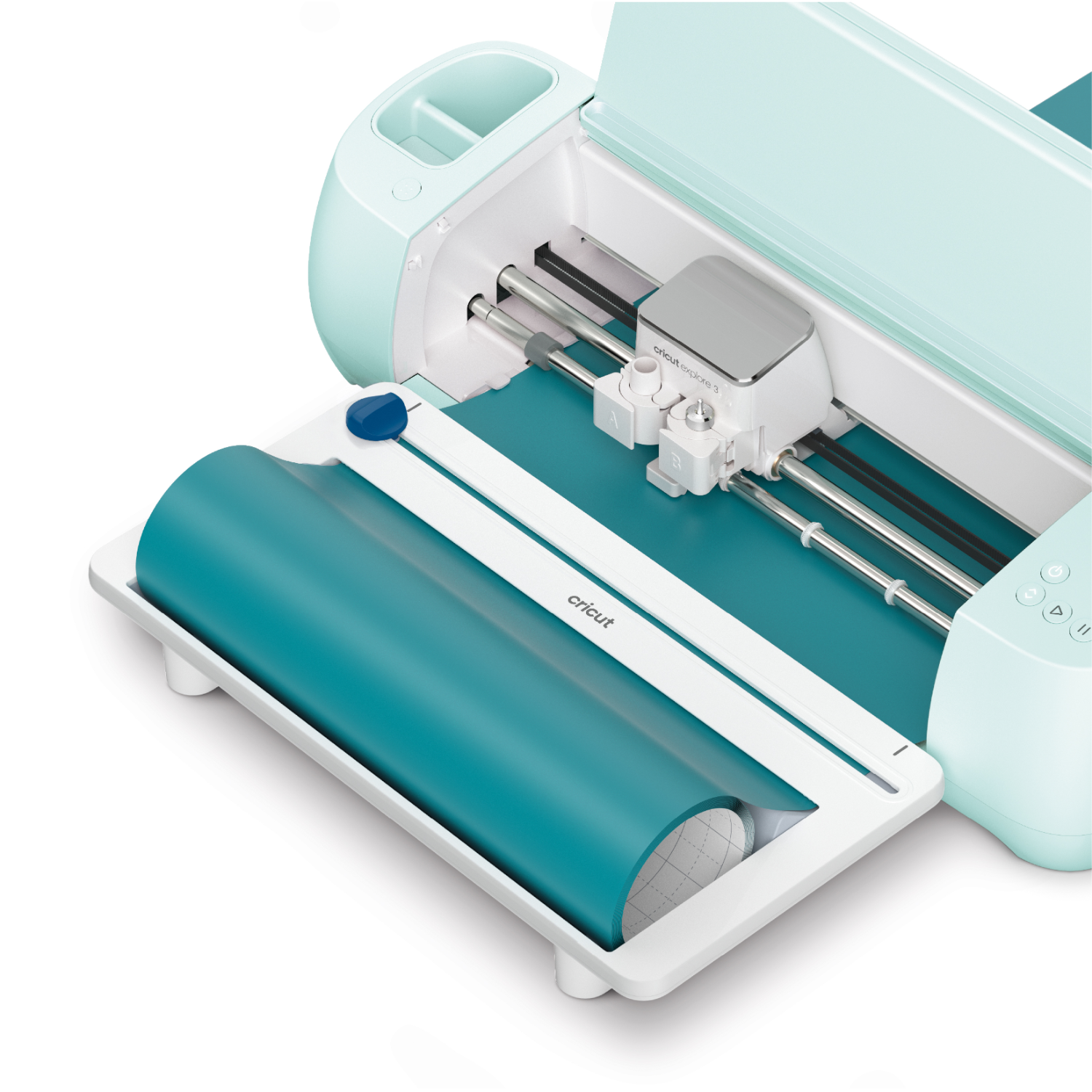 A teal Cricut machine with a roll of teal material inside. The machine is open and ready to use.