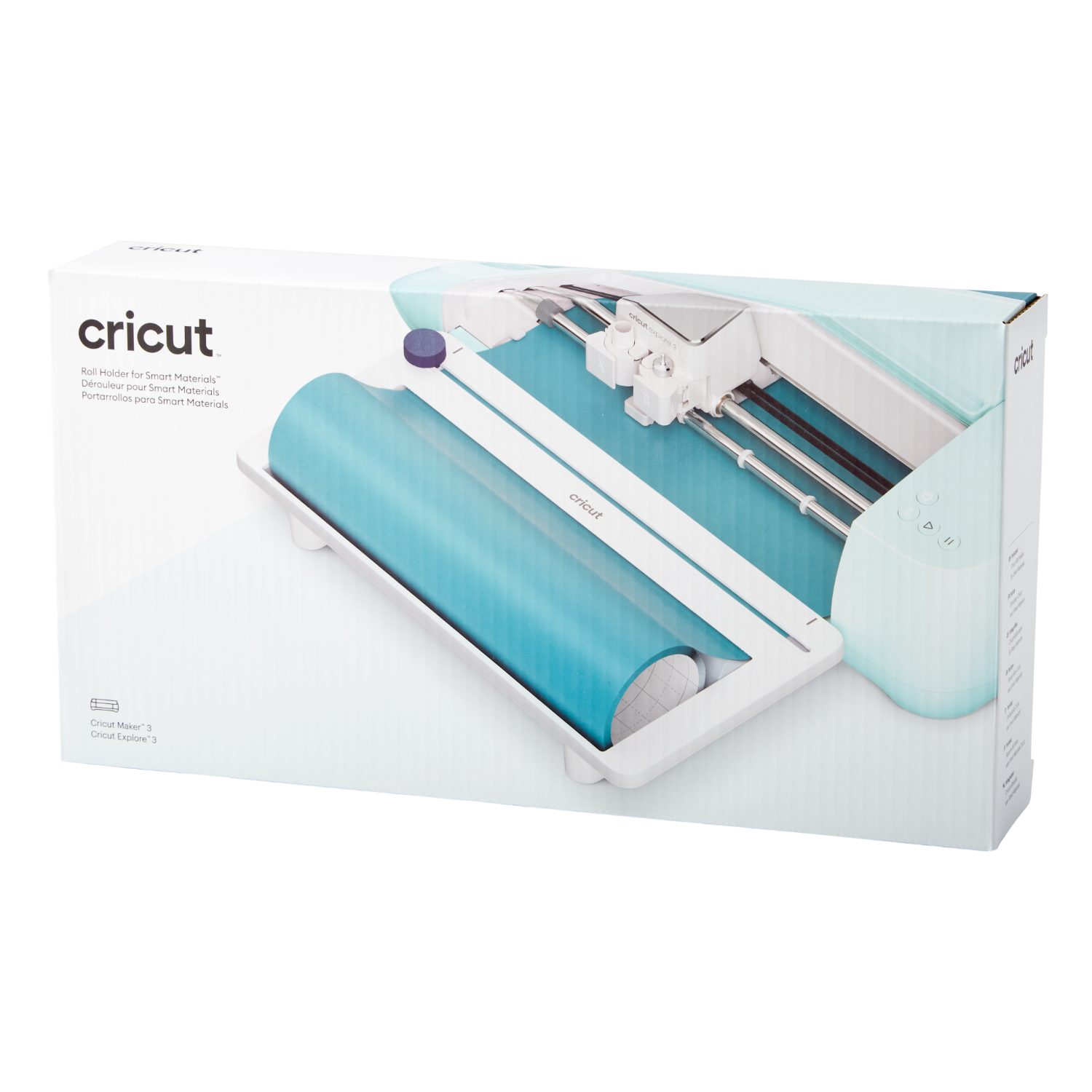 Cricut roll holder box with machine and blue material inside.