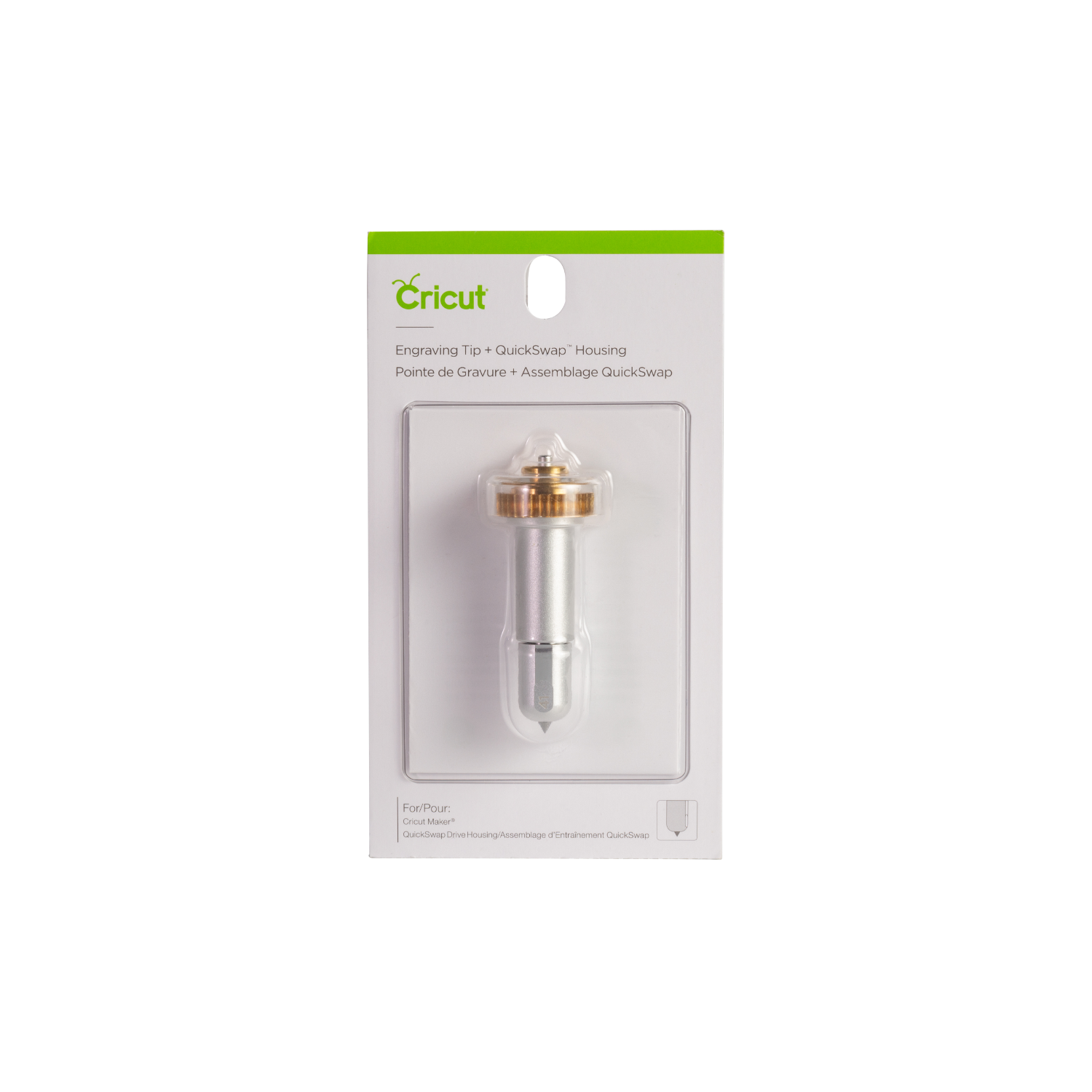 Cricut engraving tip. Silver and gold tool. White packaging with green and white text.