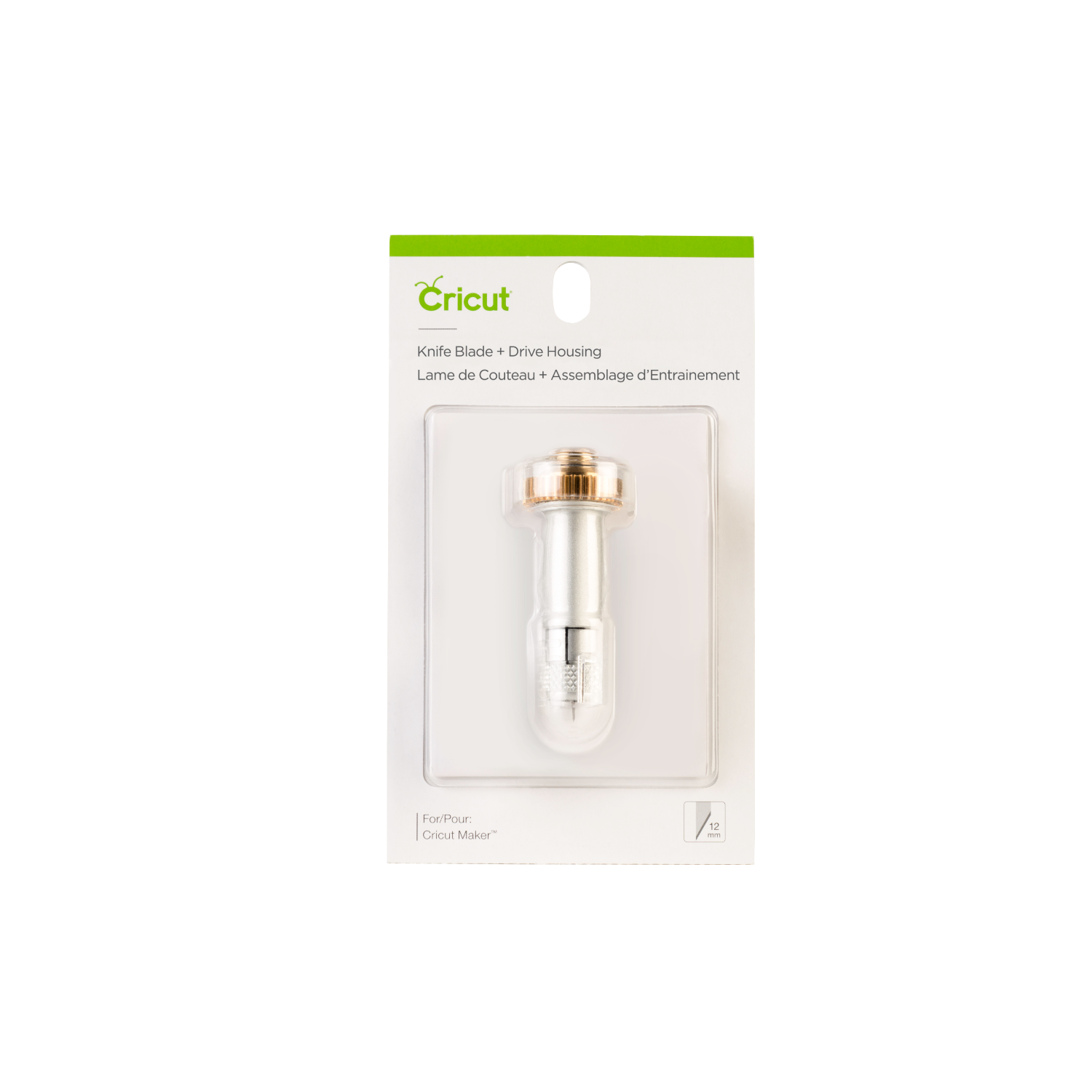 A Cricut Knife Blade and Drive Housing package. The blade is in a clear plastic case.