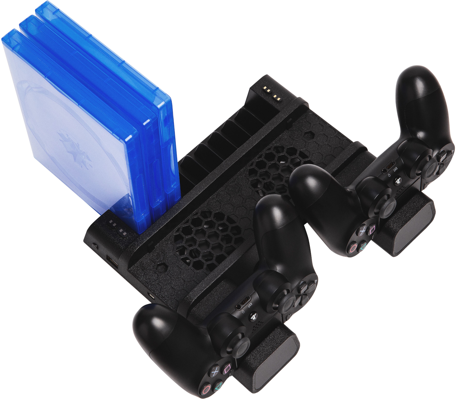 Fekete PS4 konzolállvány 3 kontrollerrel és 3 kék játéktokkal.