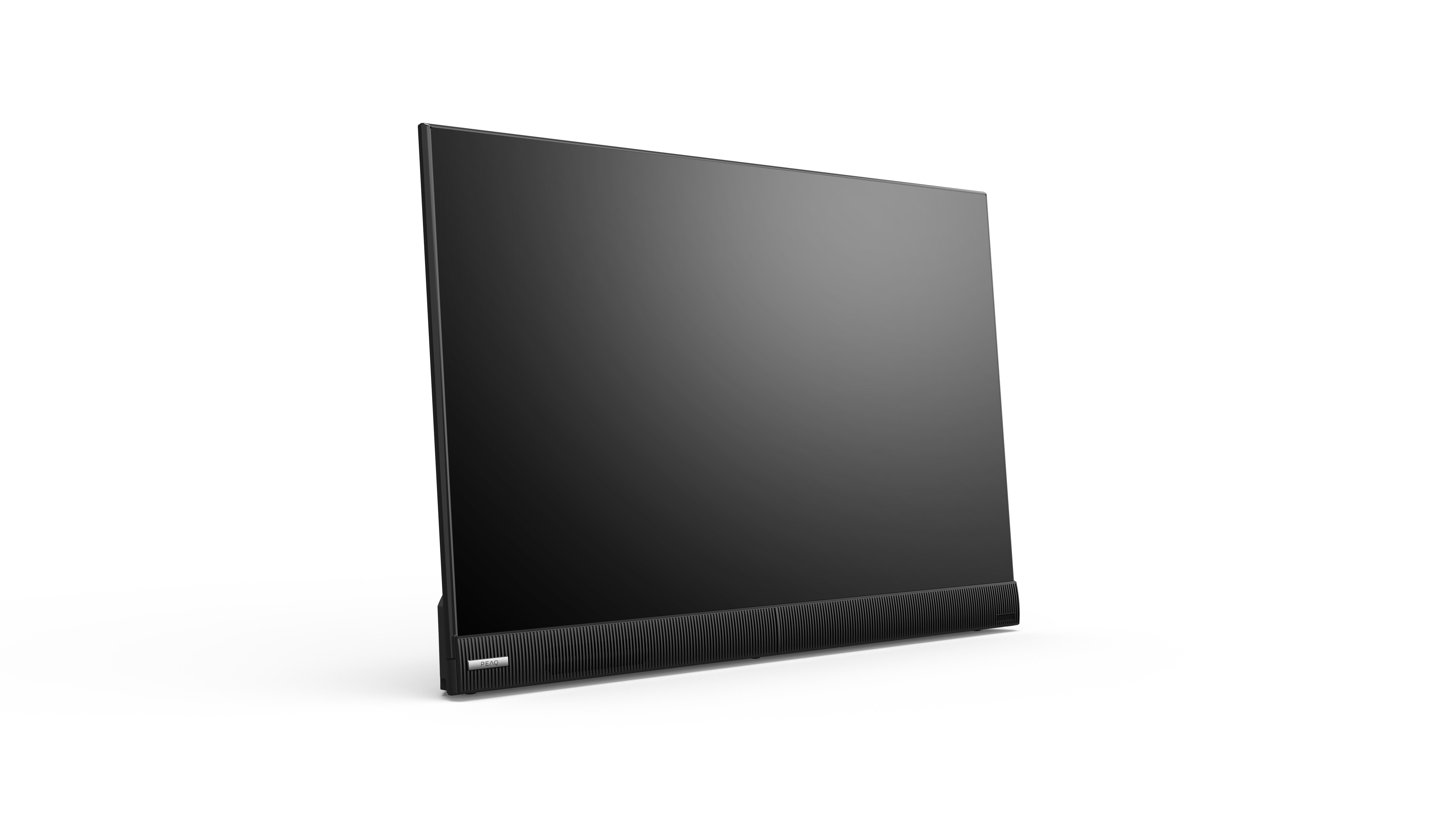Schwarzer Fernsehbildschirm. Der Fernseher ist angewinkelt, mit schwarzem Bildschirm und Lautsprecher.