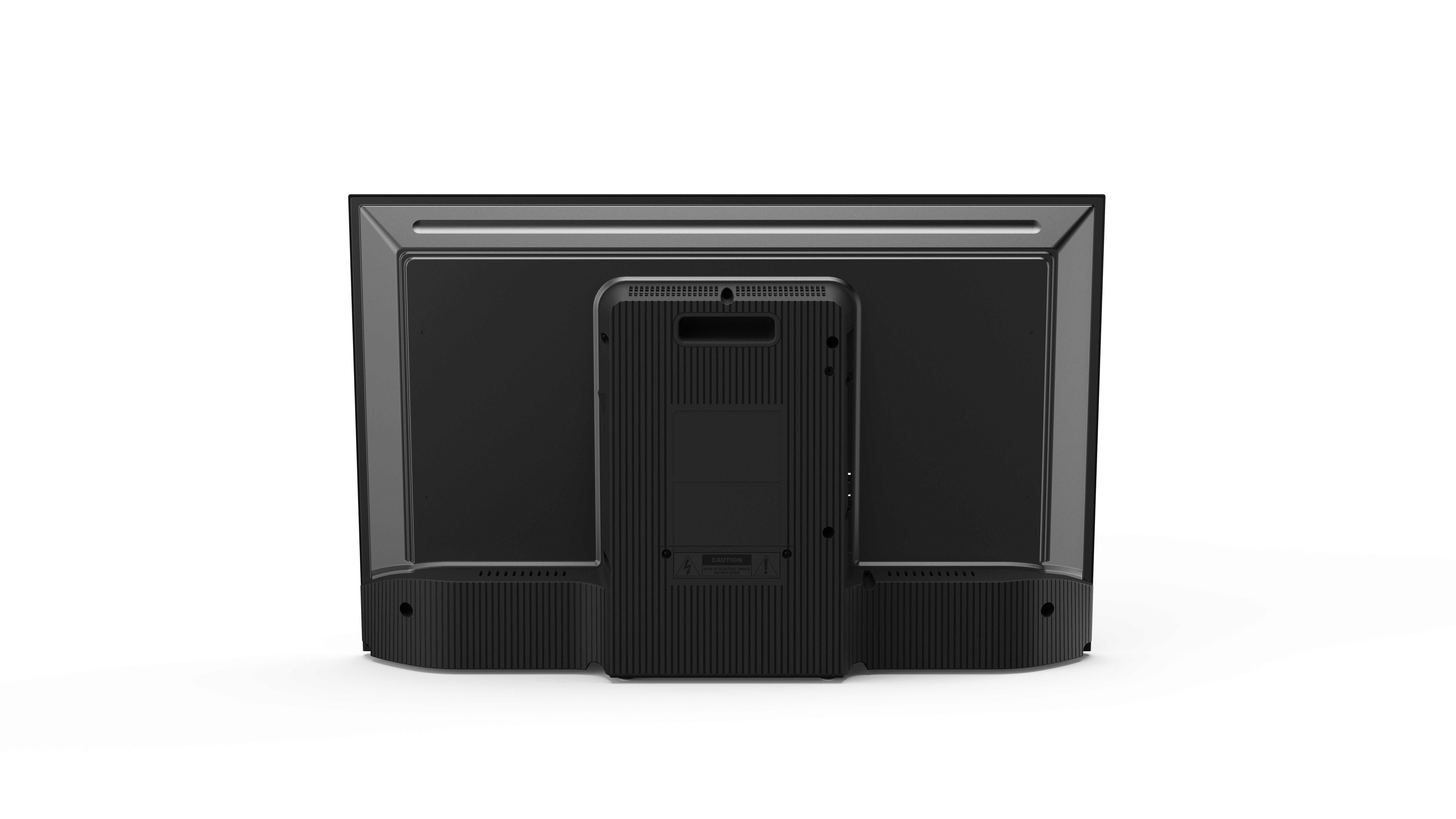 Rückseite eines schwarzen Fernsehers mit rechteckigem Design und Anschlüssen.