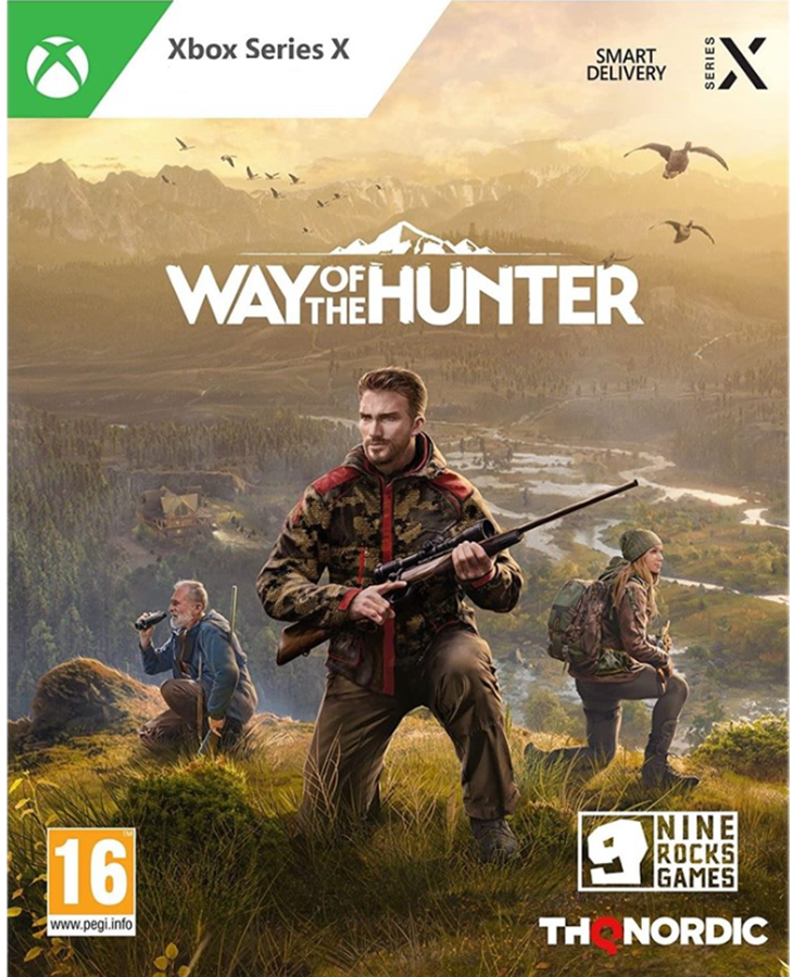 Xbox Series X gamebox voor "Way of the Hunter". Een man met een geweer op de voorgrond. Bergen op de achtergrond.