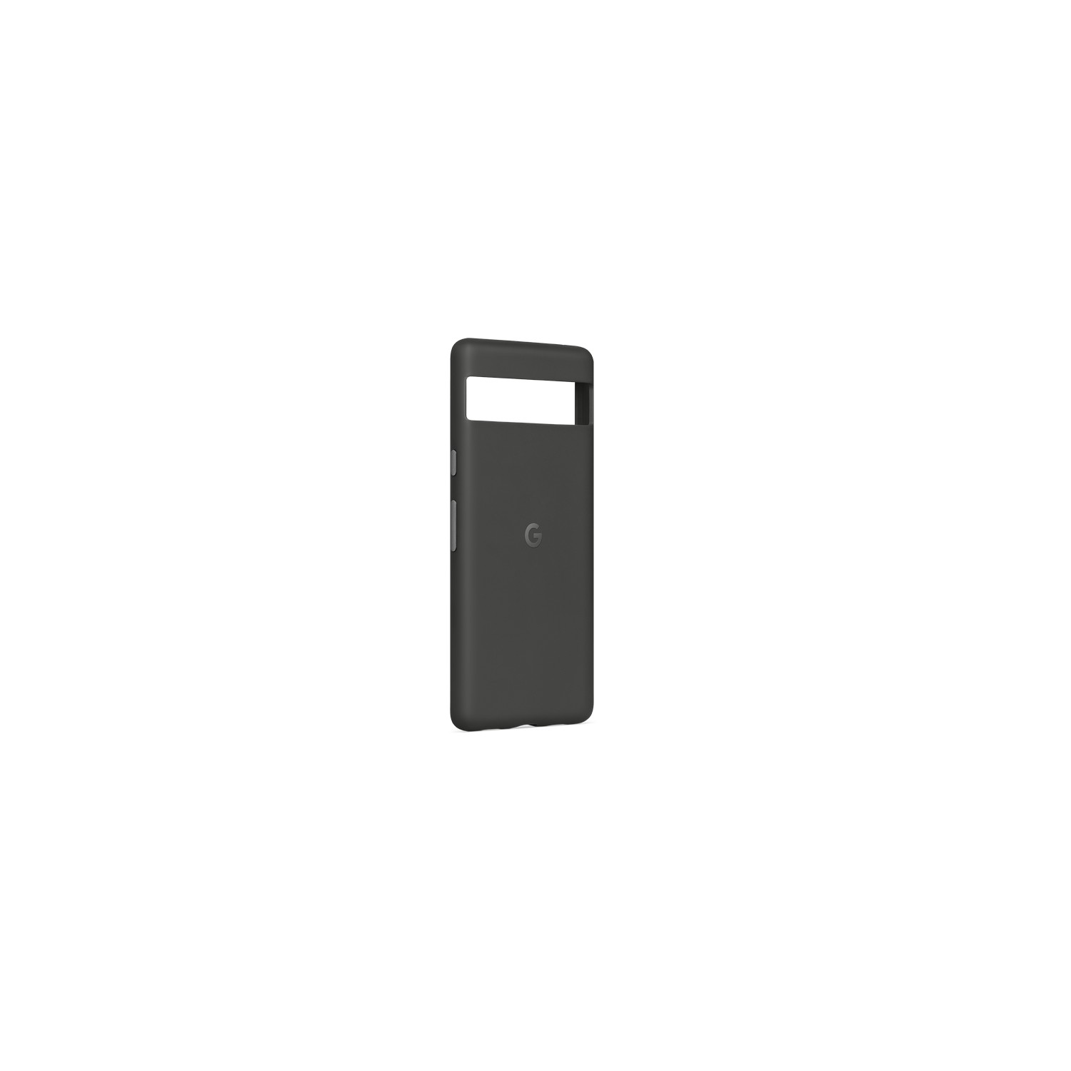 Een donkergrijze telefoonhoes, met een uitsparing voor de camera en een cirkelvormig logo.