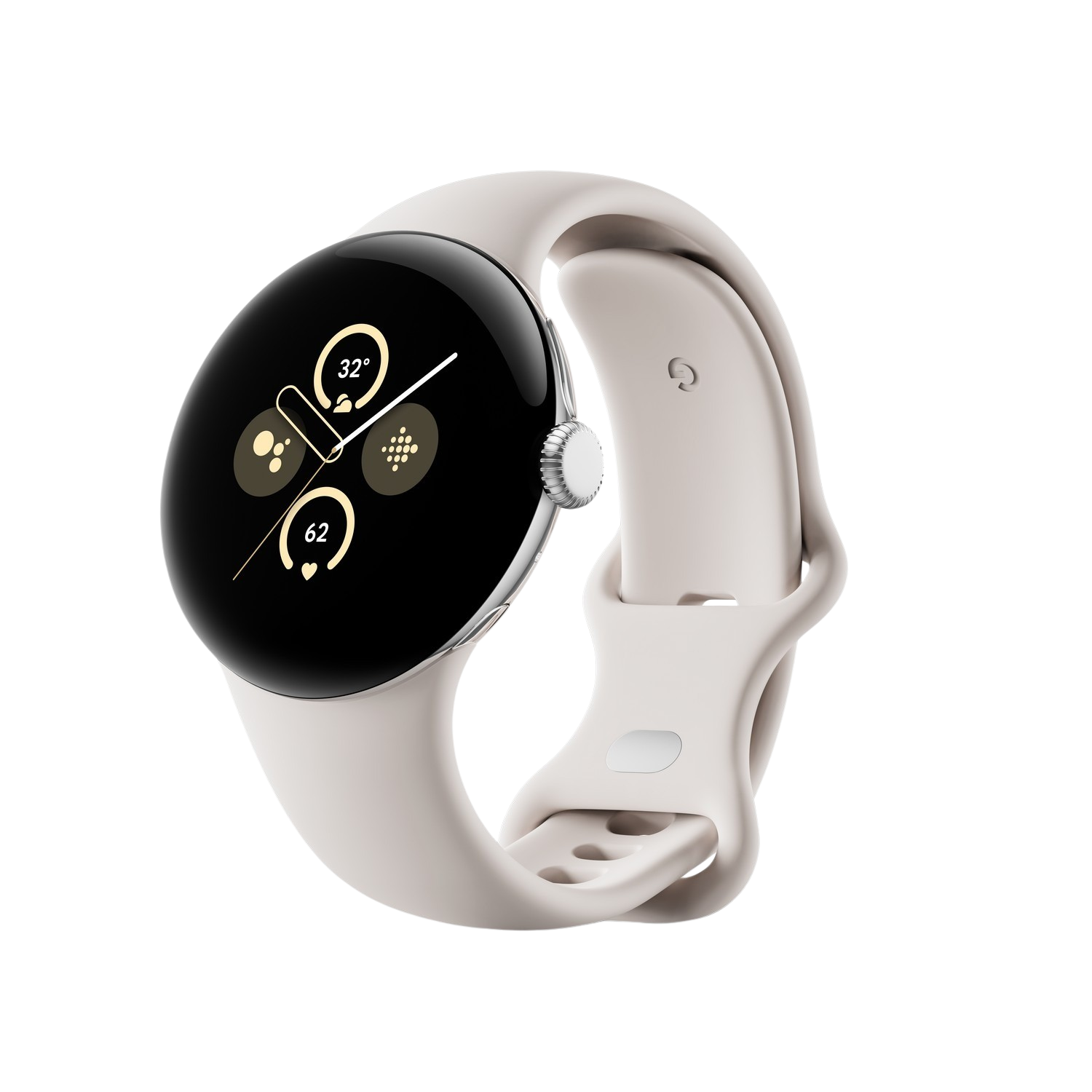 Une montre Pixel blanche avec un cadran rond. Elle affiche des données et a un bracelet blanc. Le fond est noir.