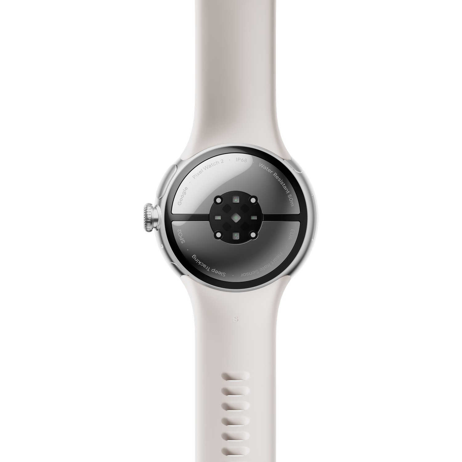 Une Pixel Watch 2 blanche de dos. Elle a un cadran arrondi et un bracelet blanc. Fond blanc.