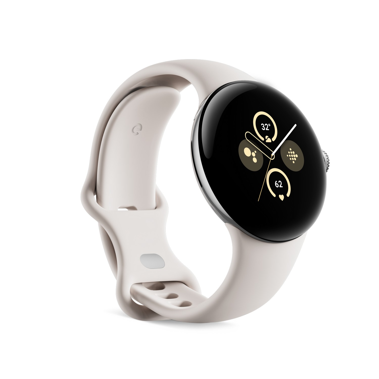 Smartwatch blanche et grise avec écran circulaire affichant des données, sur fond blanc.