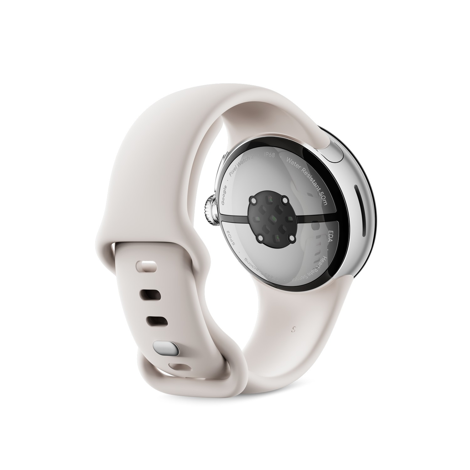 Une Pixel Watch blanche avec un bracelet blanc, vue de dos. Montre les capteurs et la marque.