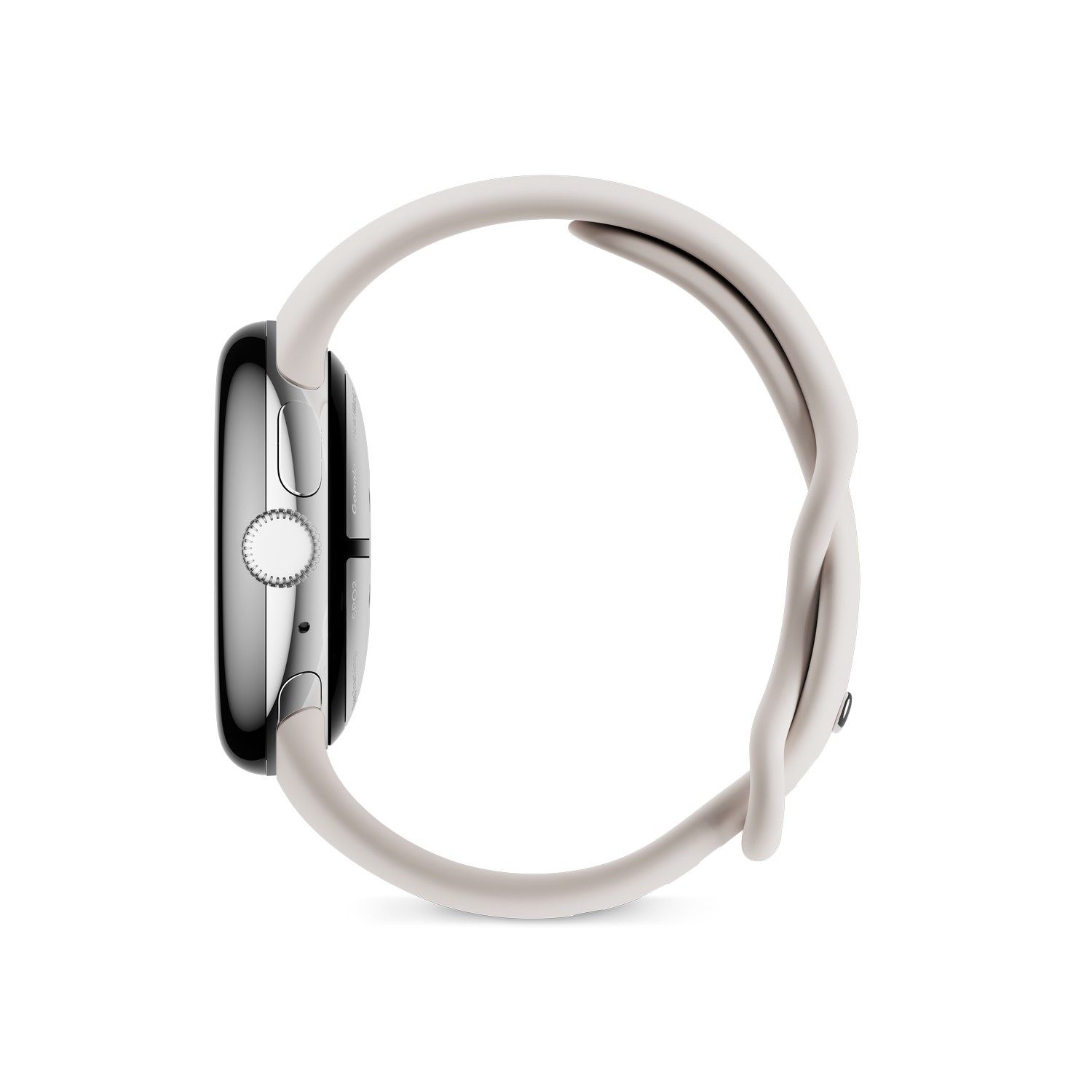 Vue latérale d'une Apple Watch argentée avec un bracelet blanc, le bracelet enroulé autour de la montre.