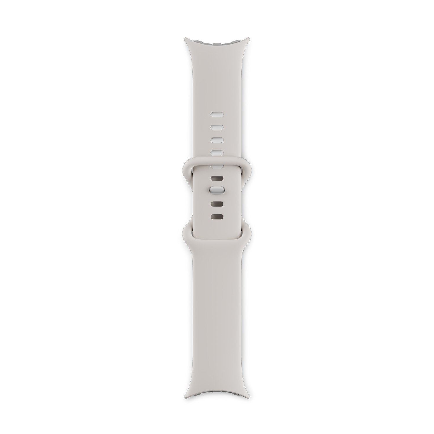 Bracelet de montre gris clair avec fermeture à boucle, sur fond blanc.