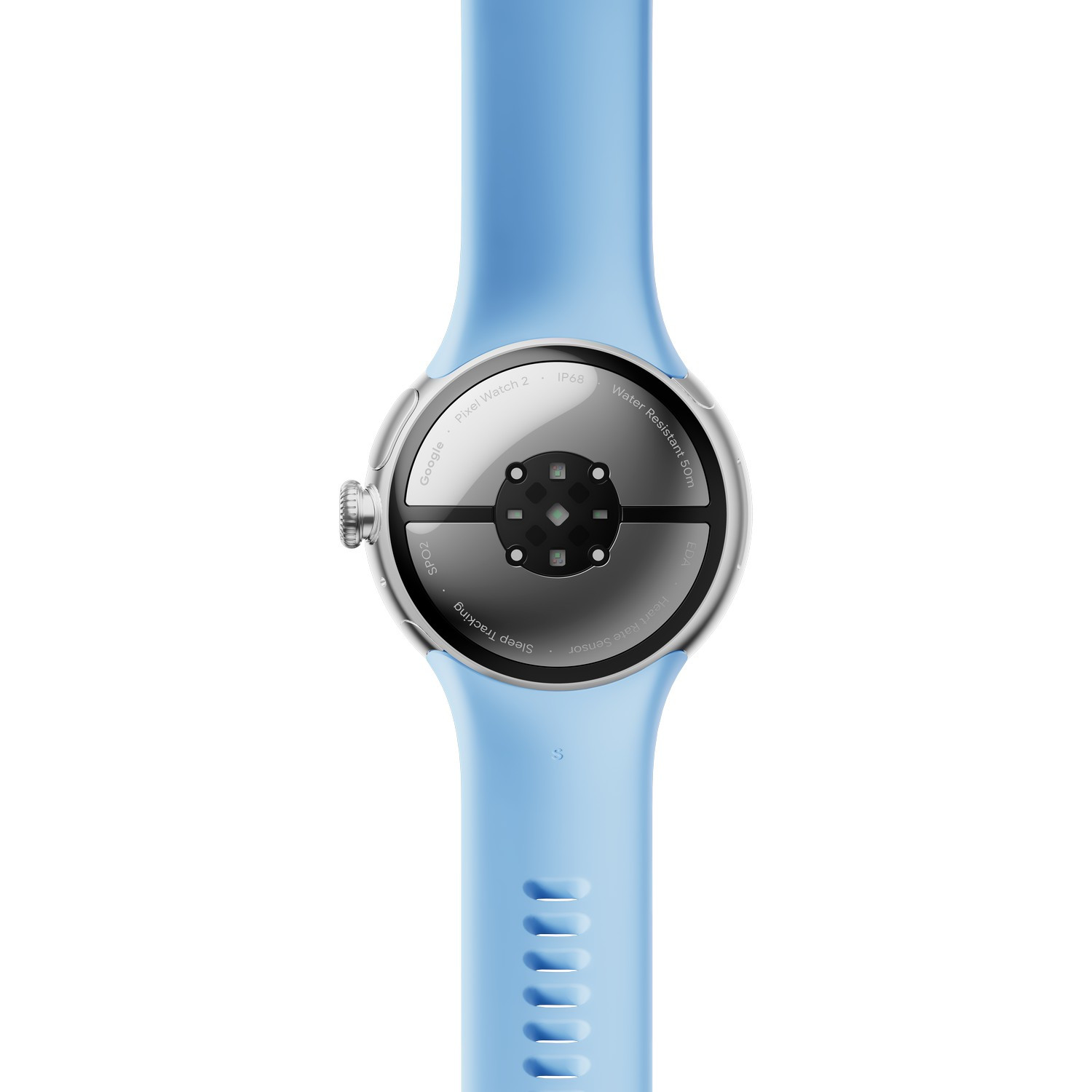 The underside of a light blue smartwatch is shown, with a blue strap.