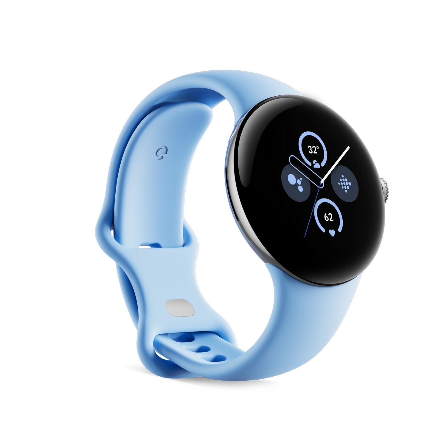Blue smartwatch with a black circular screen, shows temperature and time.