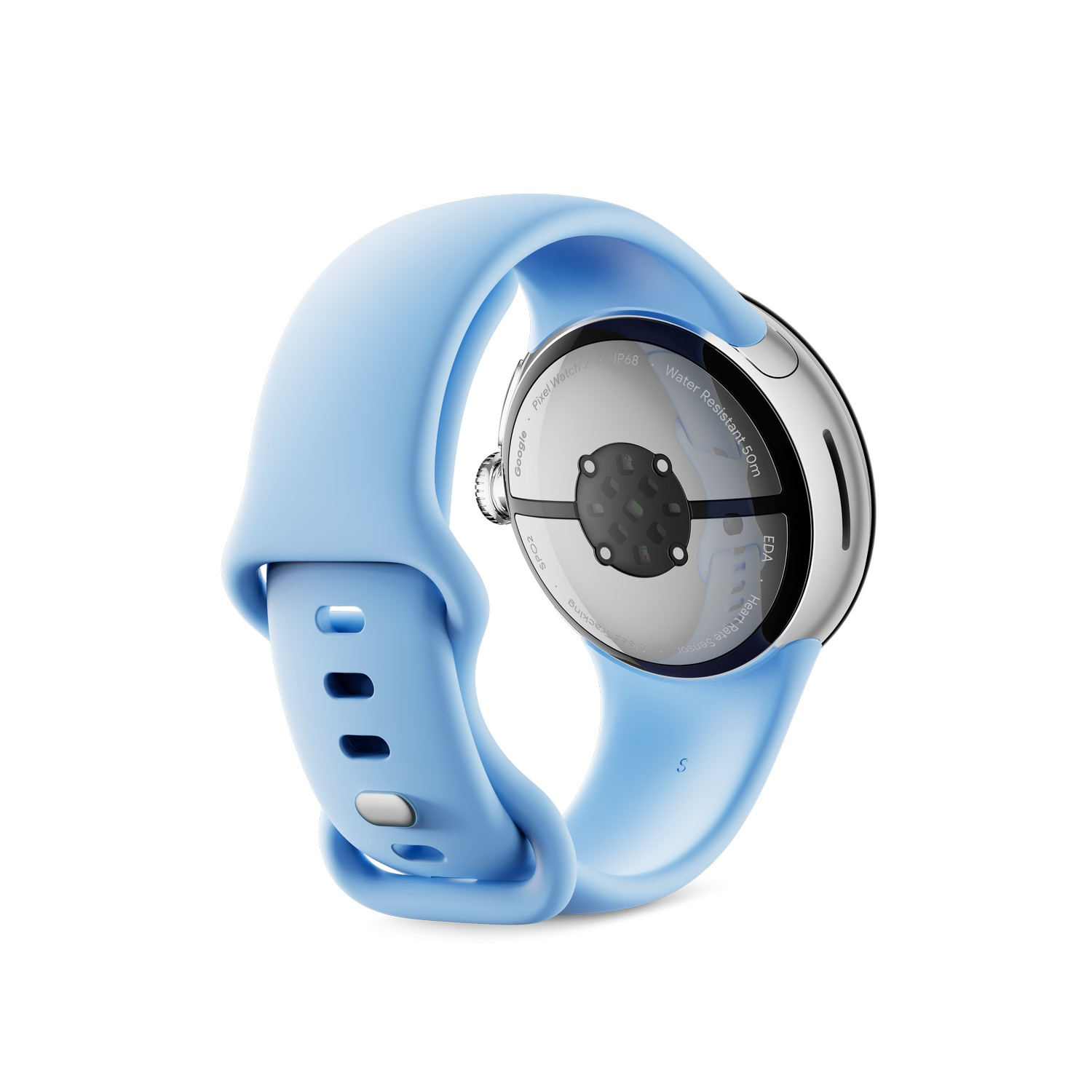 Blue smartwatch with a silver back. Light blue strap, white background.
