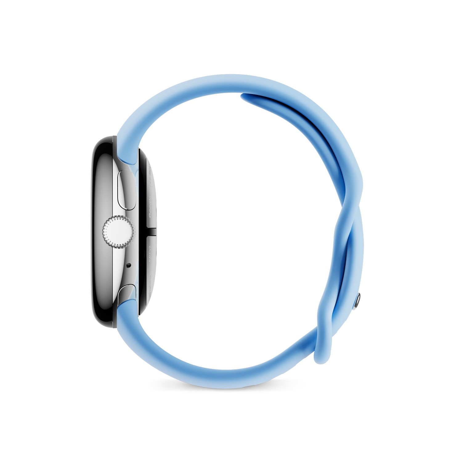 Close-up of a smartwatch with a blue band. Silver watch face, white background.