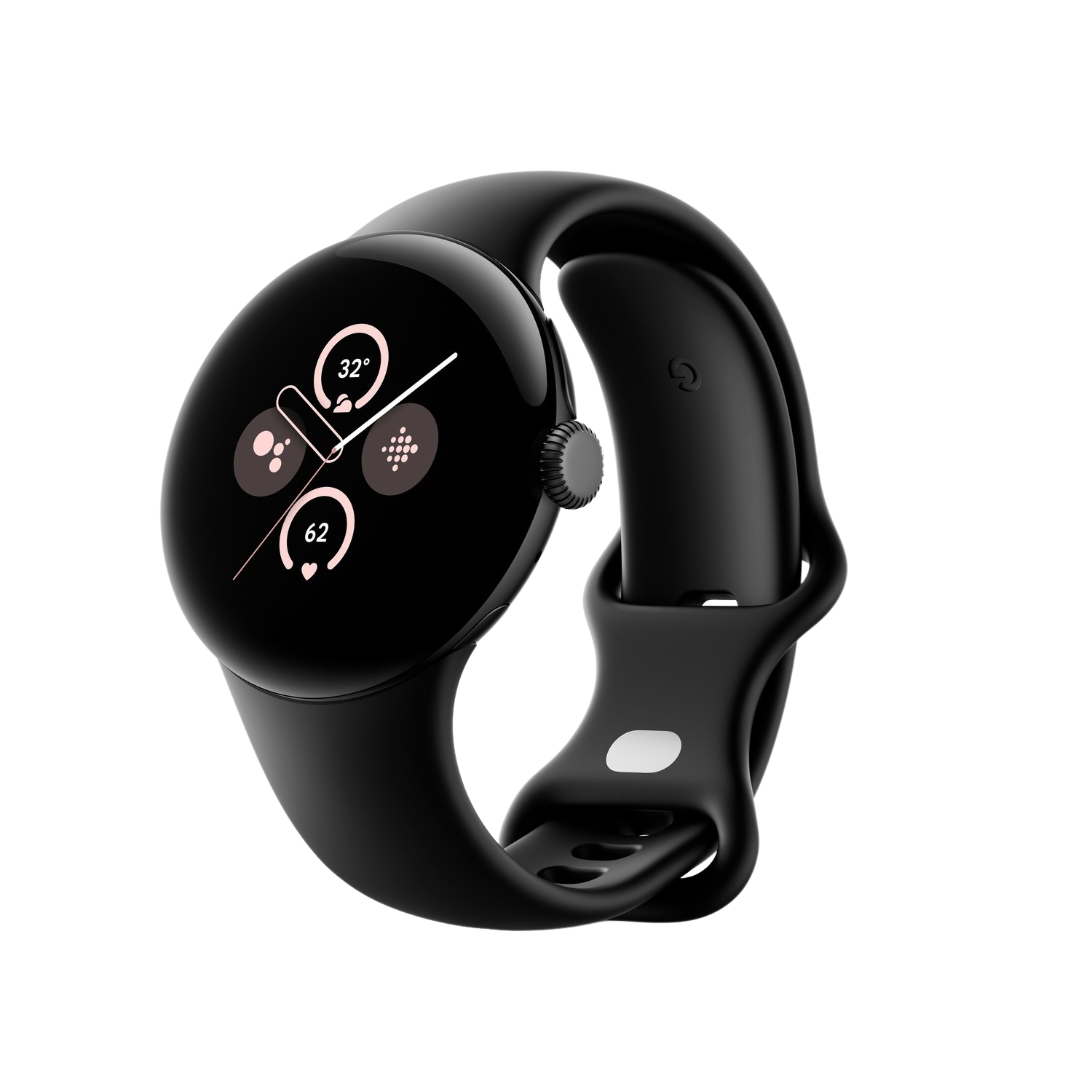 Smartwatch noir avec écran rond et bracelet noir, sur fond noir.