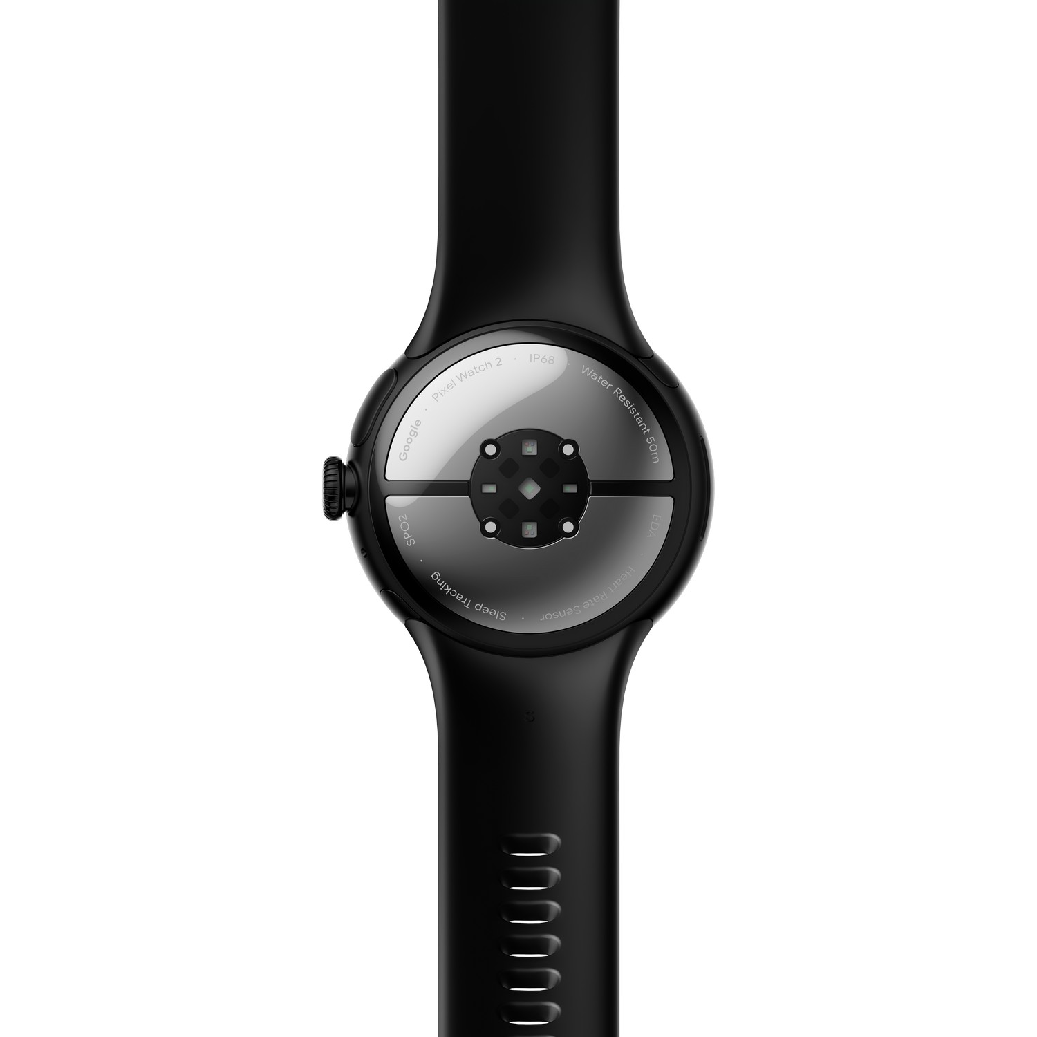Une Pixel Watch 2 noire avec un bracelet noir. Le cadran est visible, montrant le dos.