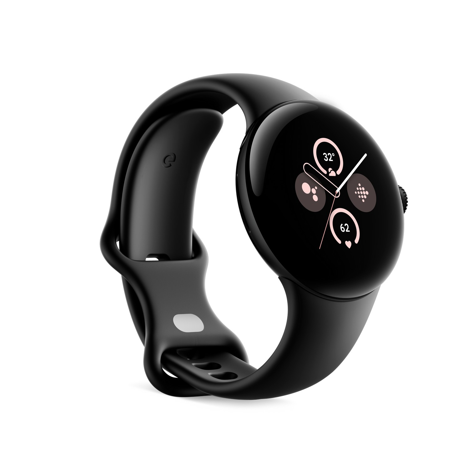 Montre connectée noire avec un bracelet noir. L'écran affiche des informations.