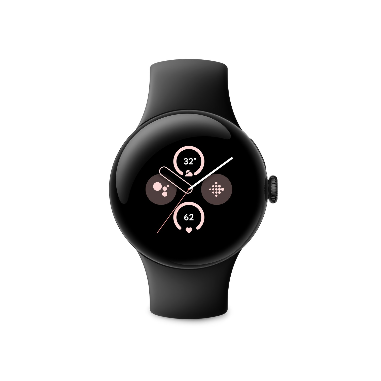 Une Pixel Watch noire avec un bracelet noir, affichant un écran avec des chiffres et des symboles.